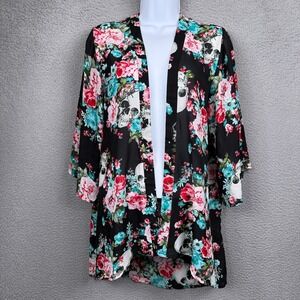Hot Topic Kimono Top Womens M Floral Sheer Scull Romantic Whimsigoth Witchy Boho